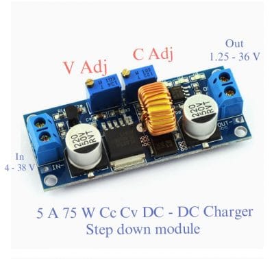 XL4015 DC-DC step-down buck converter module. This type of module is used to convert a higher DC voltage to a lower, adjustable DC voltage._img_1